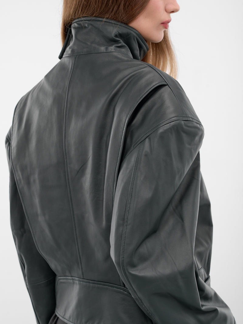 Licorice Lamb Leather Bomber Jacket (25046106-LIQUORICE)