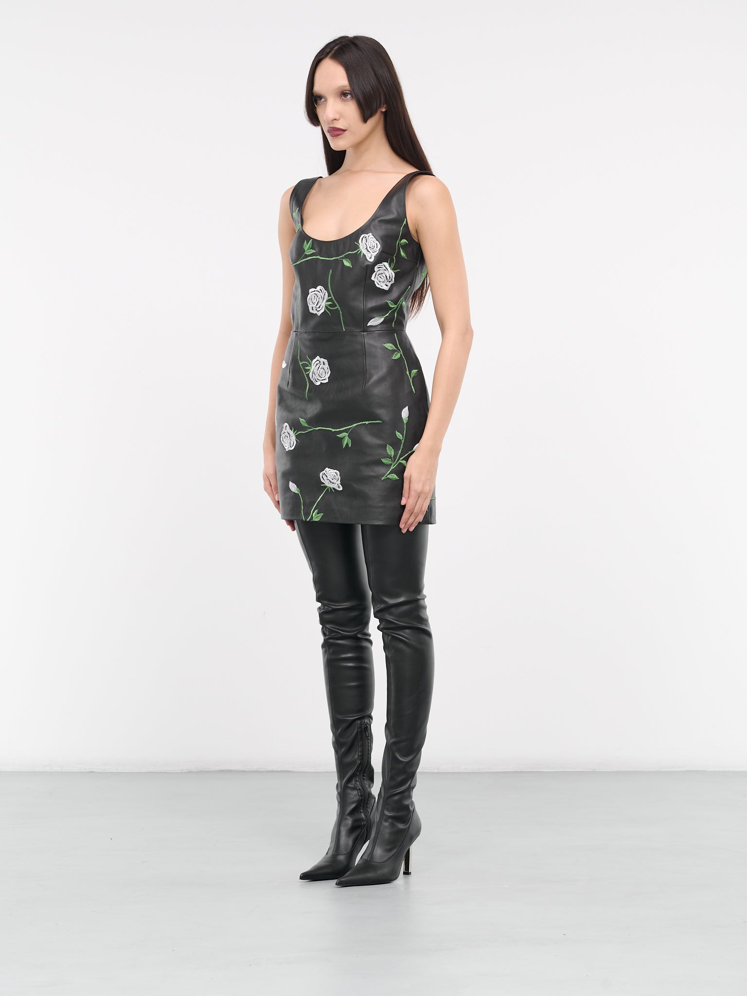 Floral Embroidered Leather Dress (2514240000020-BLACK)