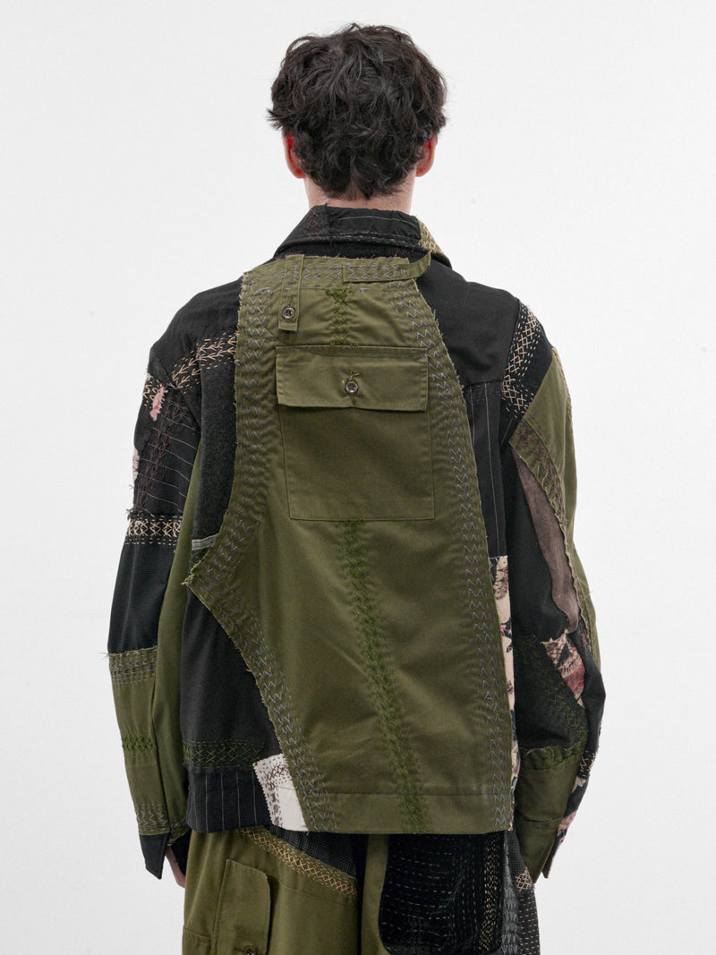Patchwork Linen Double Zip Jacket (251486M-DARK-BLUE-GREEN-MULTI)