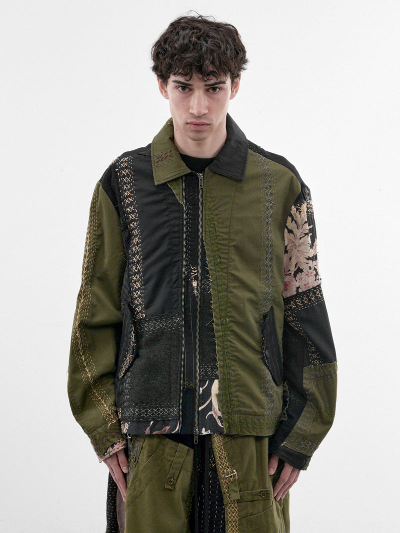 Patchwork Linen Double Zip Jacket (251486M-DARK-BLUE-GREEN-MULTI)