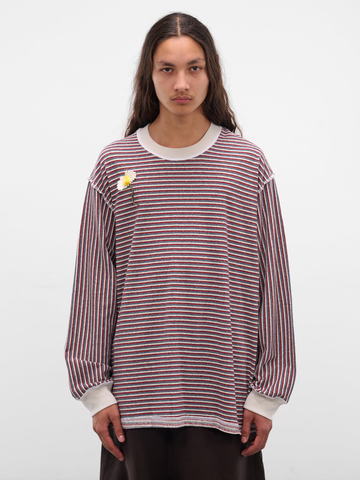 Striped Flower Applique Knit Sweater (252-MJP017F-BLUE)