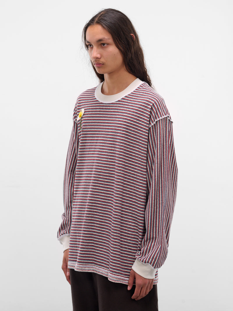 Striped Flower Applique Knit Sweater (252-MJP017F-BLUE)