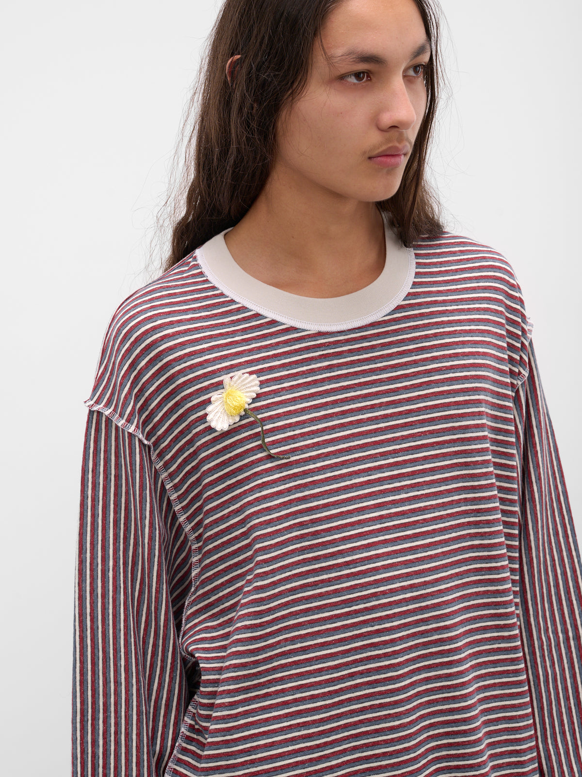 Striped Flower Applique Knit Sweater (252-MJP017F-BLUE)