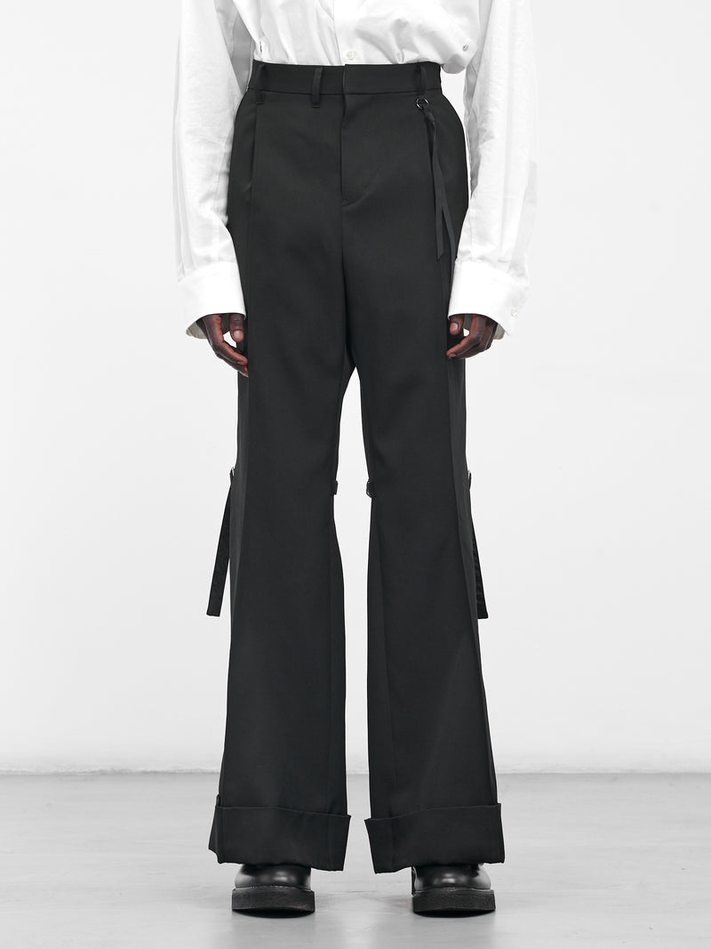 Black Wool Belted Flare Trousers (25A0261-BLACK)