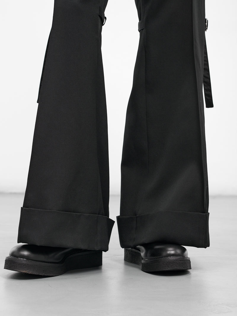Black Wool Belted Flare Trousers (25A0261-BLACK)