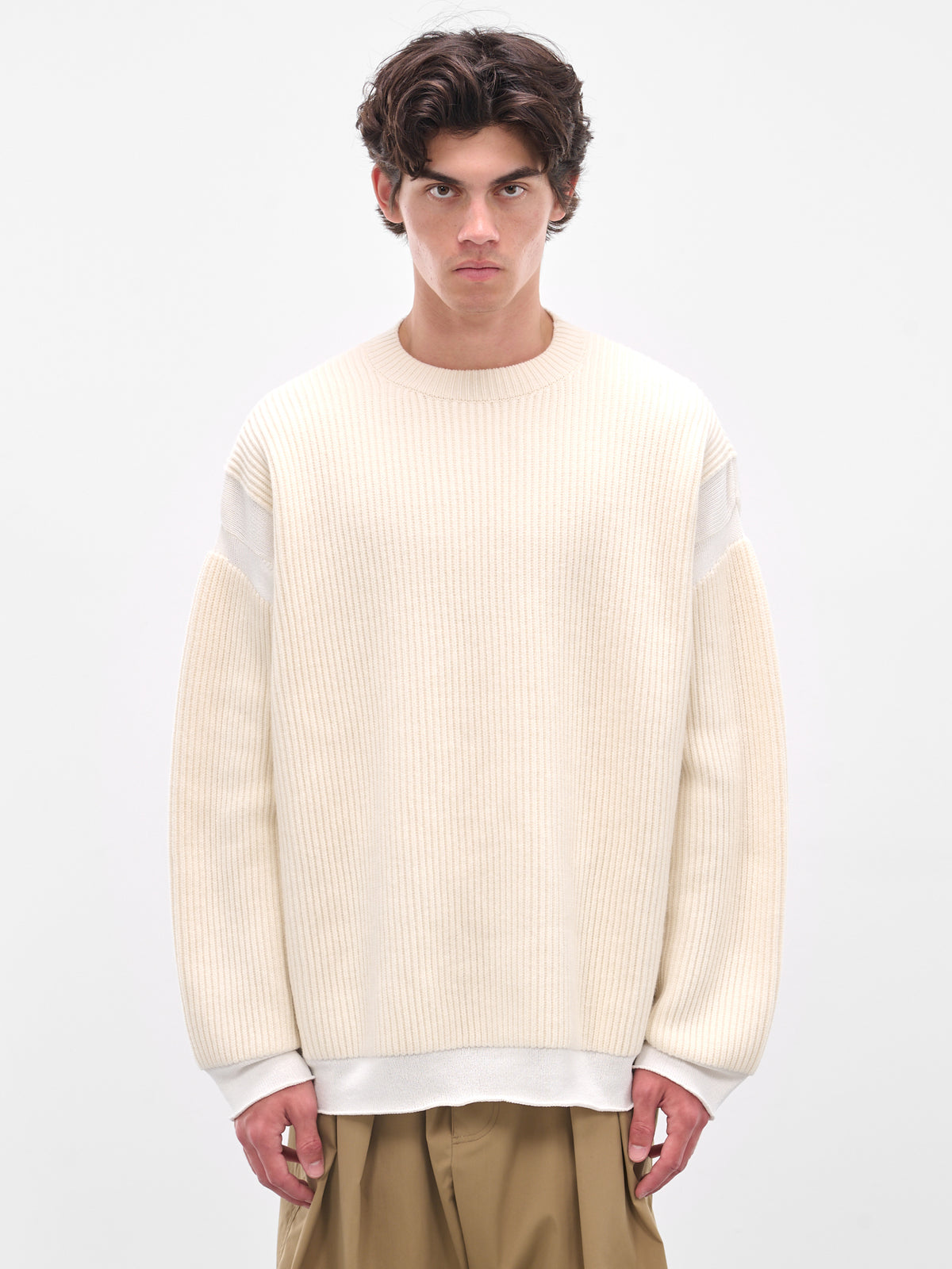 White Rib-Knit Crewneck Sweater (25A96MUK07-IVORY)