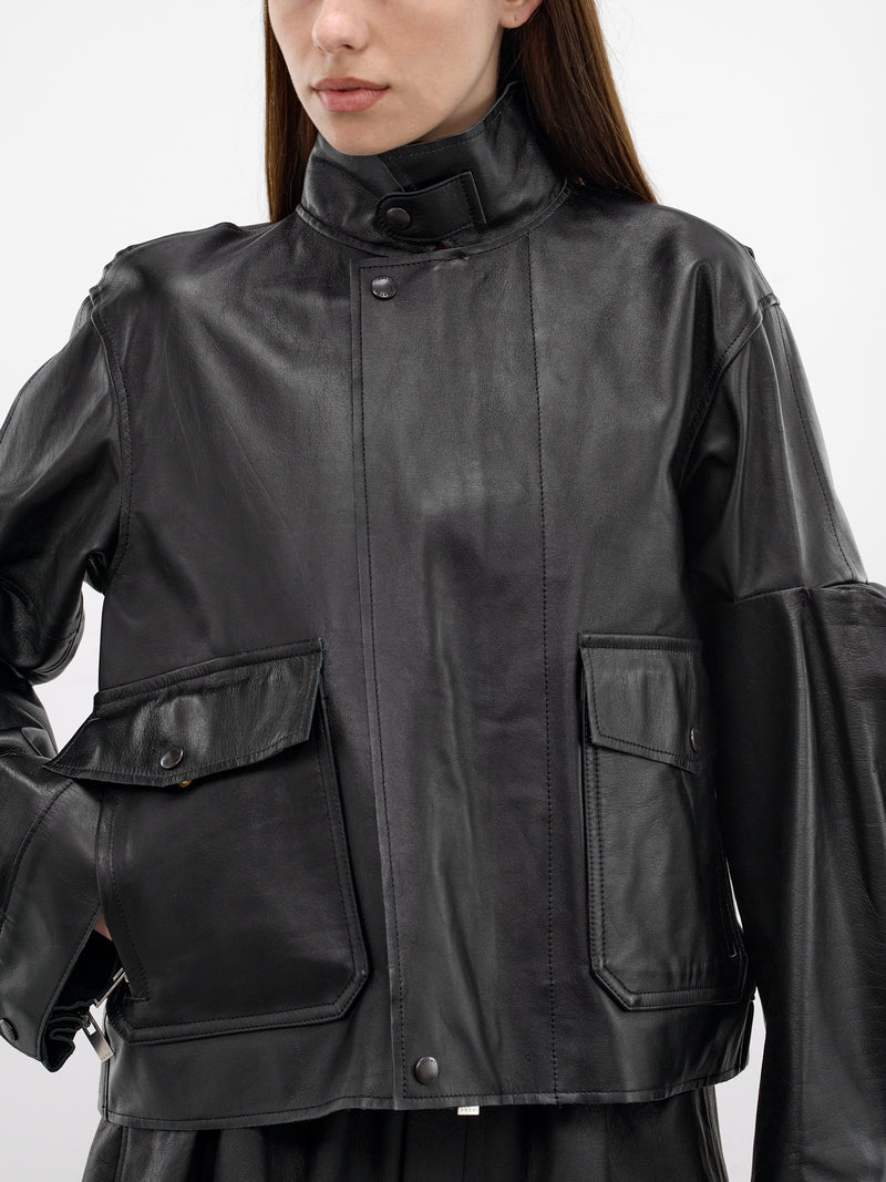 Black Leather 3D Sleeves Jacket (26-08295-001-BLACK)