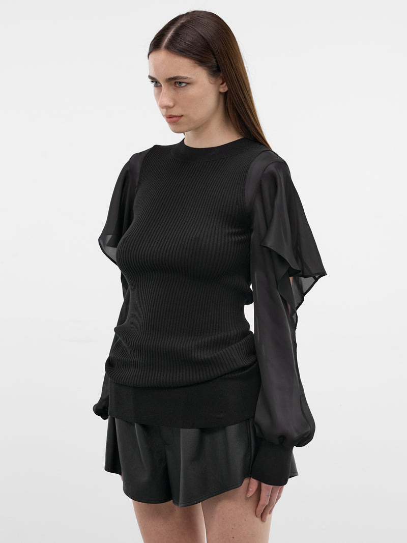 Cotton Knit Satin Sleeves Sweater (26-08336-001-BLACK)