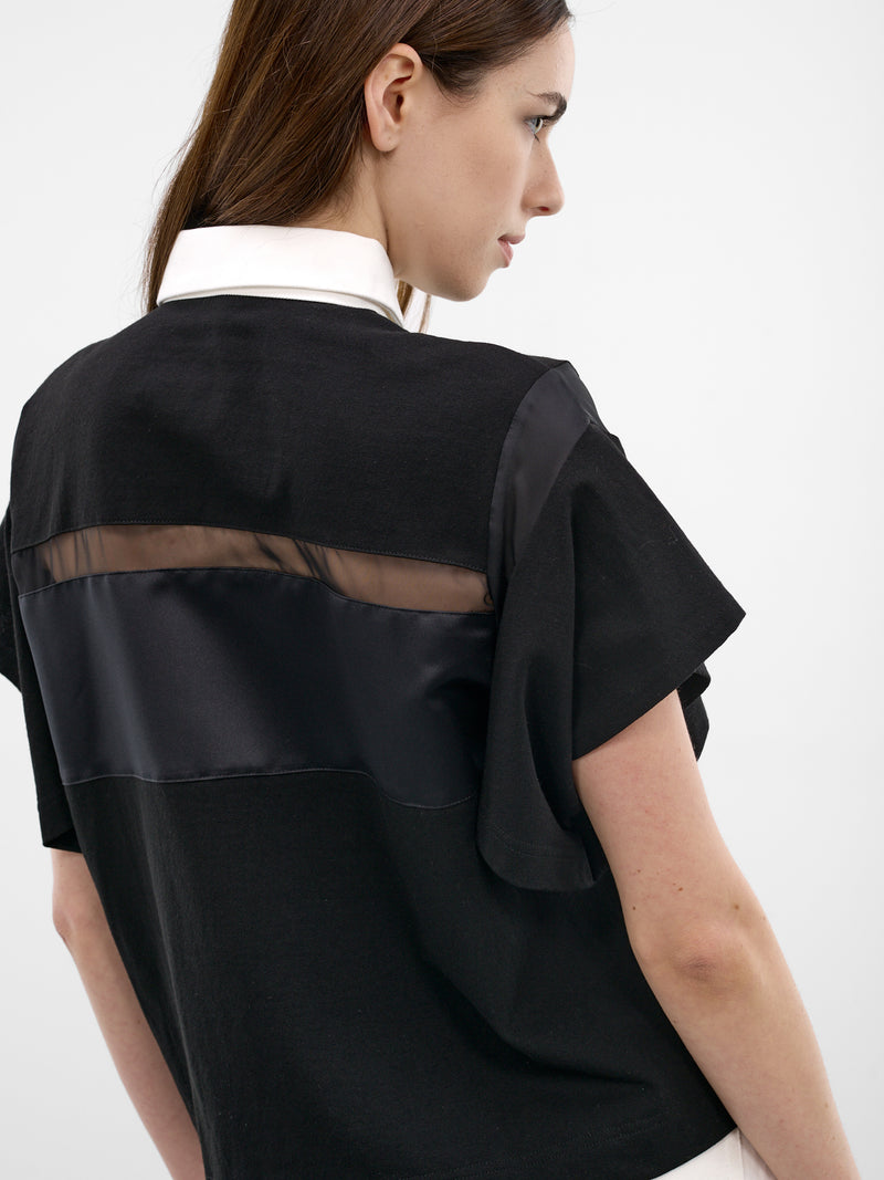Black Sheer Paneled Polo Shirt (26-08352-001-BLACK)