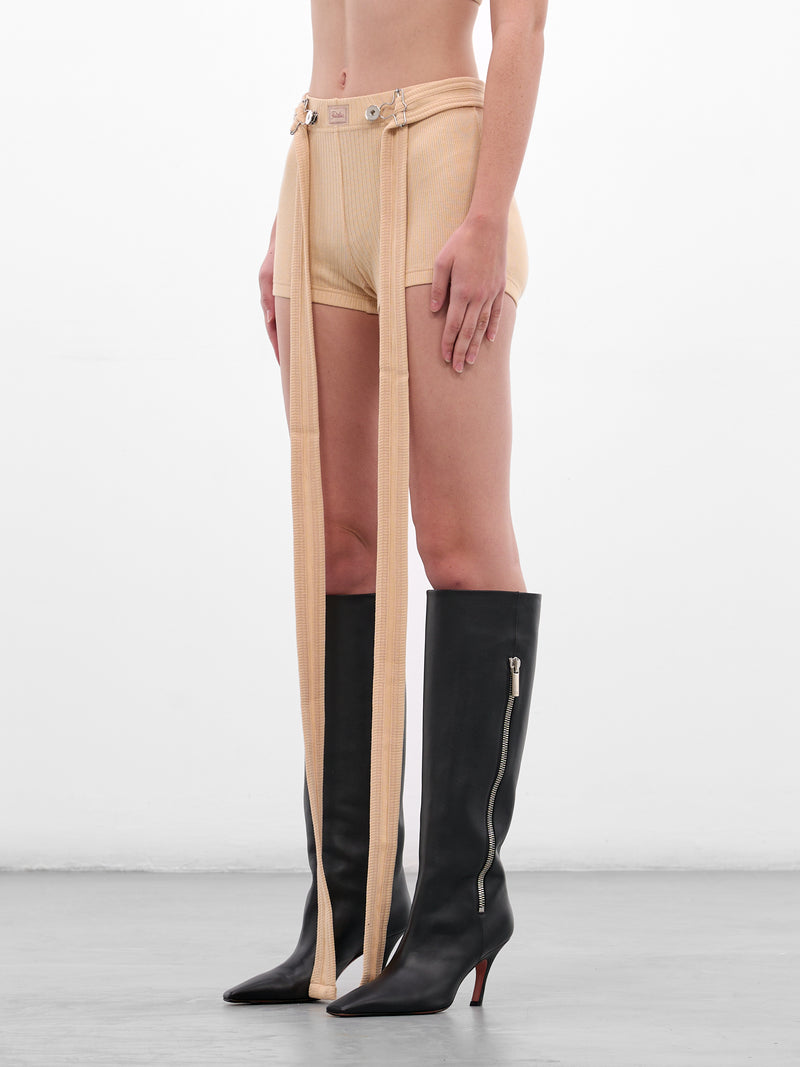 Beige Rib-Knit Cotton Strap Shorts (26/01-W-TR059-J014-63-NUDE)