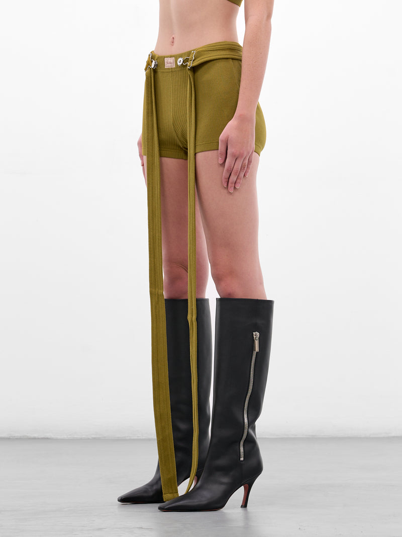 Green Rib-Knit Cotton Strap Shorts (26/01-W-TR059-J014-40-GREEN)