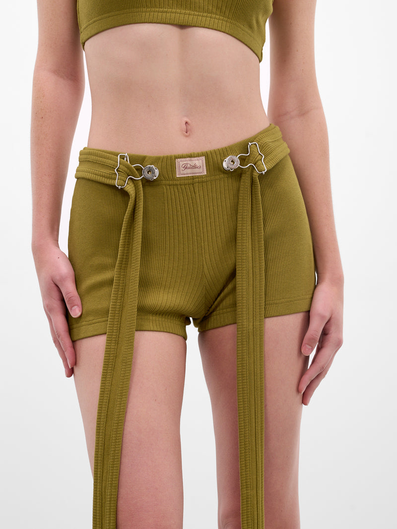 Green Rib-Knit Cotton Strap Shorts (26/01-W-TR059-J014-40-GREEN)