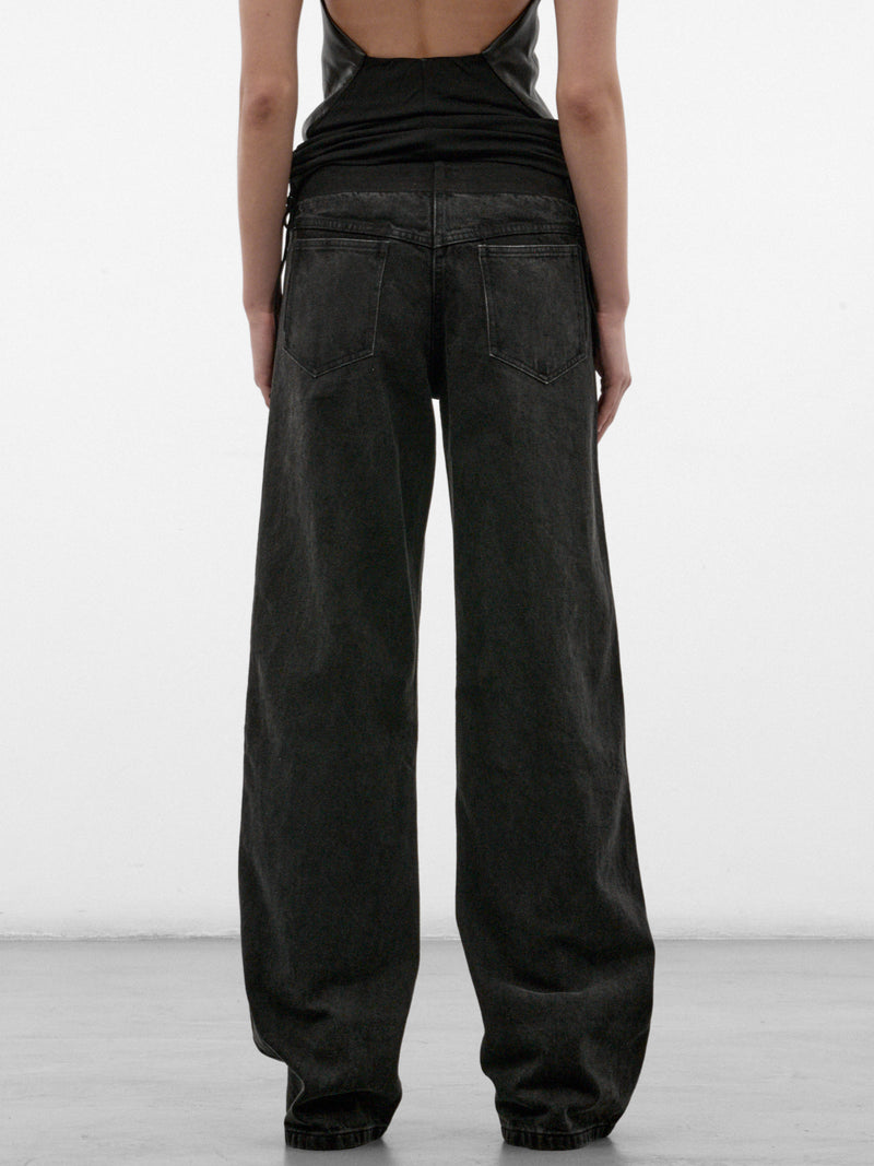 Black Leather Paneled Wide Jeans (26035926-BLACK)