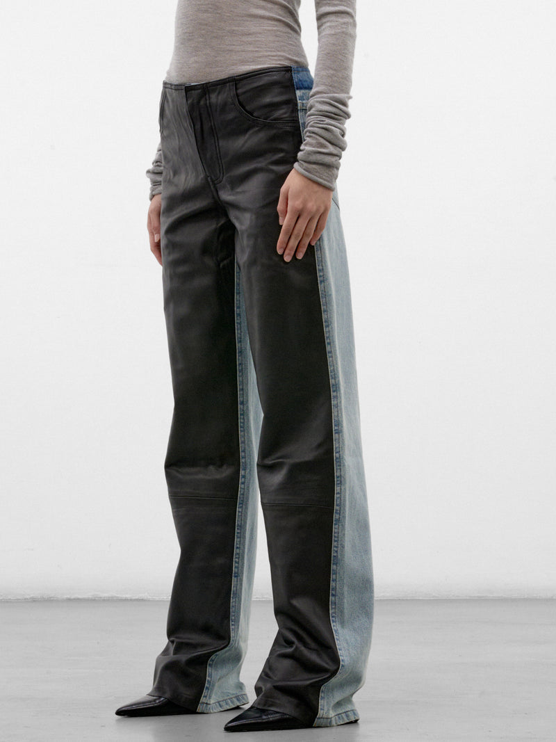 Indigo Leather Paneled Wide Jeans (26035926-INDIGO-BLACK)
