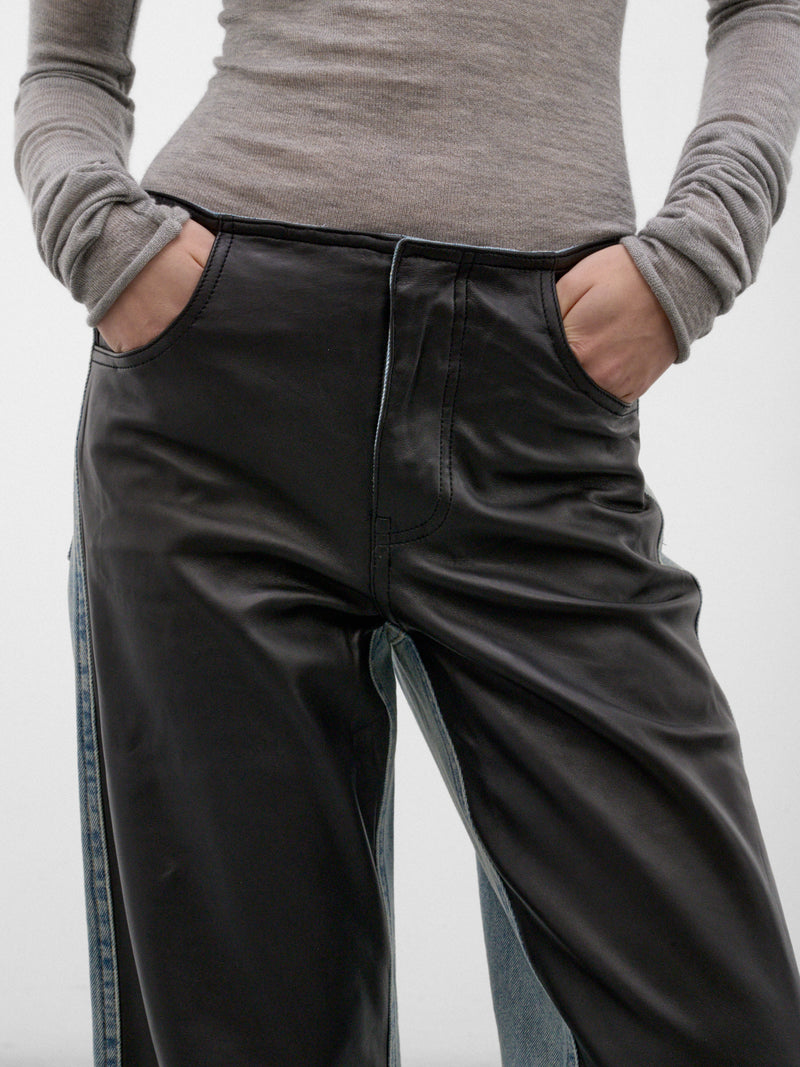 Indigo Leather Paneled Wide Jeans (26035926-INDIGO-BLACK)