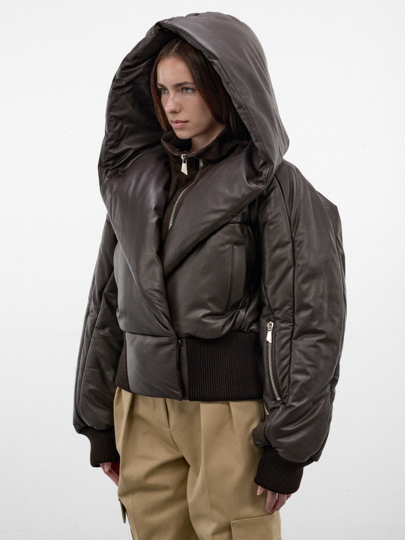 Brown Leather Quilted Hood Jacket (261WCB00127-DARK-BROWN)