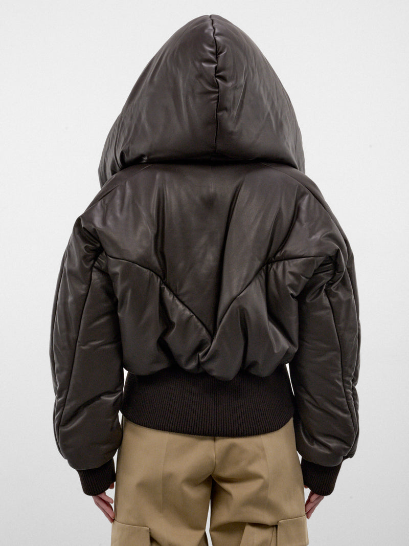 Brown Leather Quilted Hood Jacket (261WCB00127-DARK-BROWN)