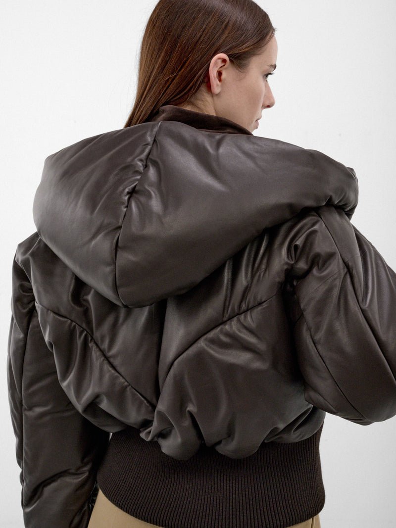 Brown Leather Quilted Hood Jacket (261WCB00127-DARK-BROWN)