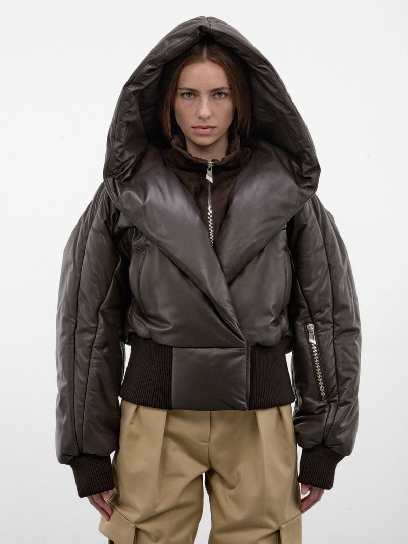 Brown Leather Quilted Hood Jacket (261WCB00127-DARK-BROWN)