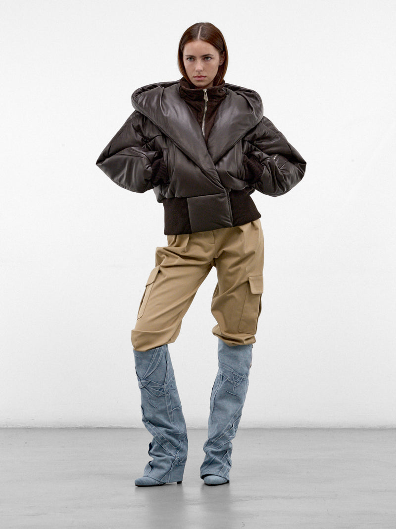 Brown Leather Quilted Hood Jacket (261WCB00127-DARK-BROWN)