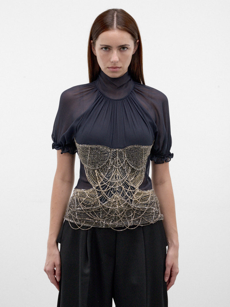 Blue Silk Beaded Chain Blouse (261WCI00040-DARK-BLUE)