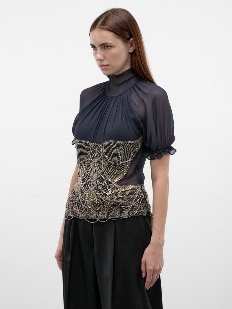 Blue Silk Beaded Chain Blouse (261WCI00040-DARK-BLUE)