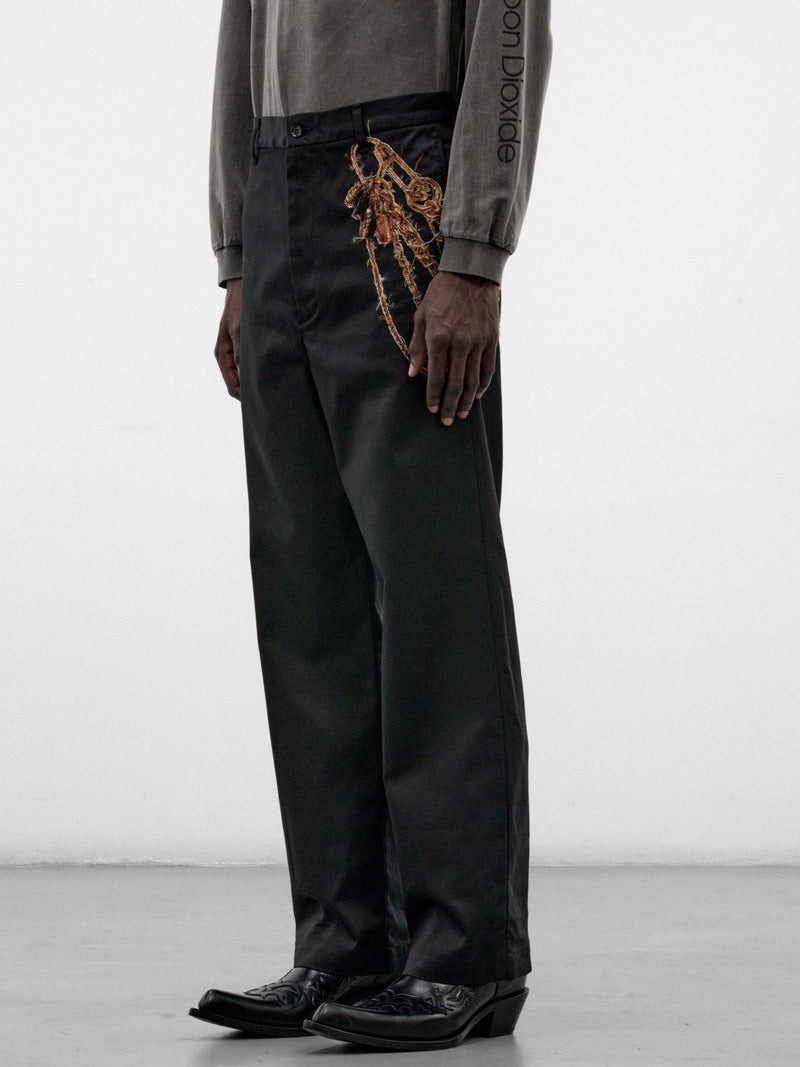 Black Cotton Appliqué Embroidered Trousers (26AW08PT369-BLACK)