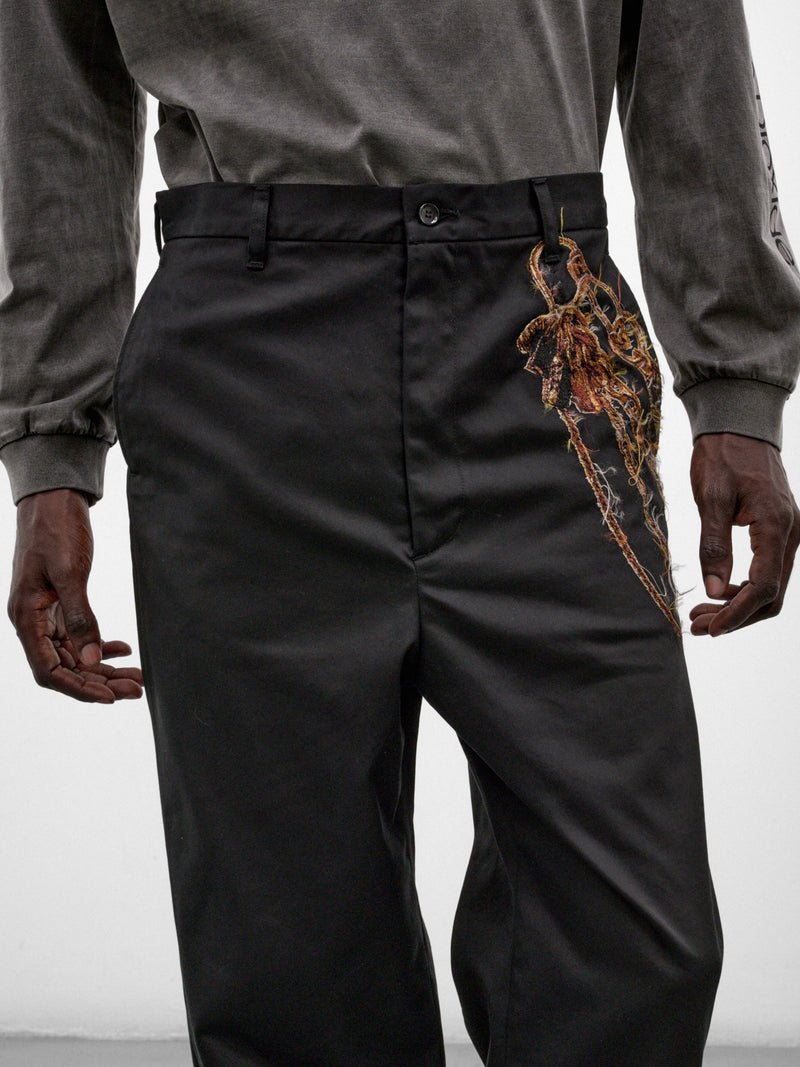 Black Cotton Appliqué Embroidered Trousers (26AW08PT369-BLACK)
