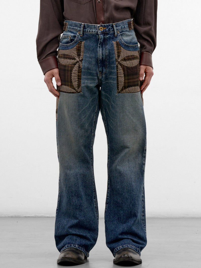 Indigo Quilted Patchwork Denim Jeans (26FW-P-07-INDIGO)