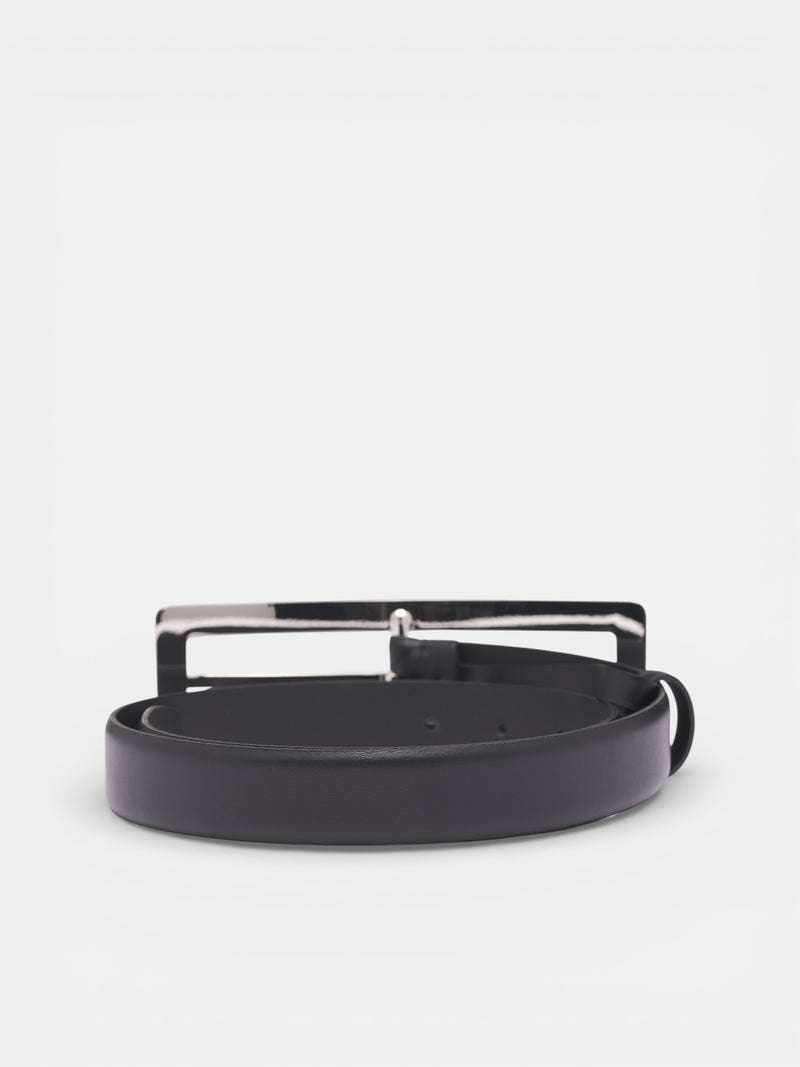 Black Leather Rectangular Buckle Belt (26P10AC00839012-BLACK-SILVER)