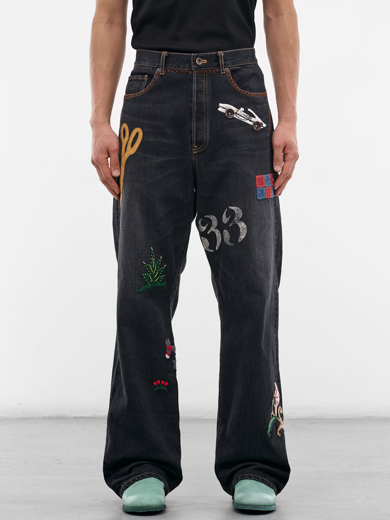 Black Denim Hand-Embroidered Jeans (26SS-P-10-BLACK)