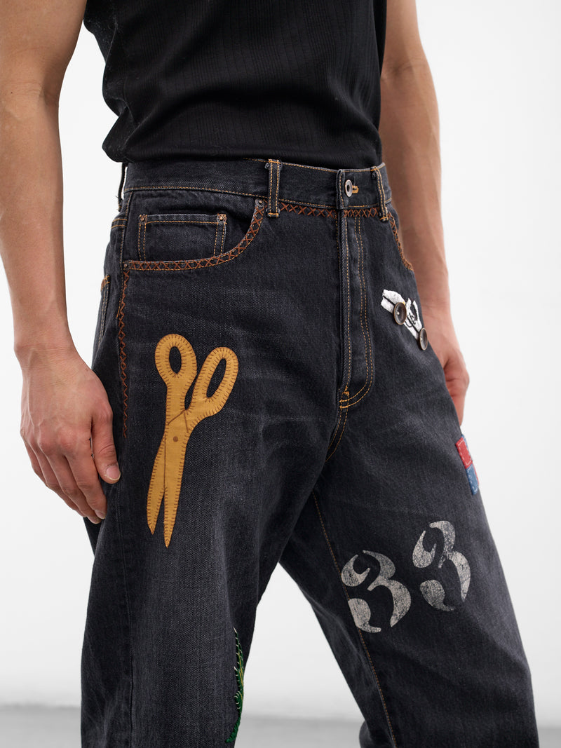 Black Denim Hand-Embroidered Jeans (26SS-P-10-BLACK)
