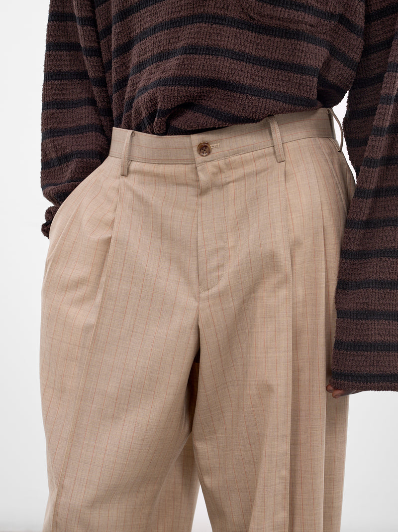Beige Wool Striped Baggy Trousers (26SS-P-12-BEIGE)