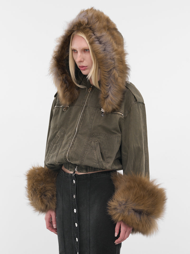Green Fur Hood Cropped Bomber (2J203A-C5235-BARK-GREEN)