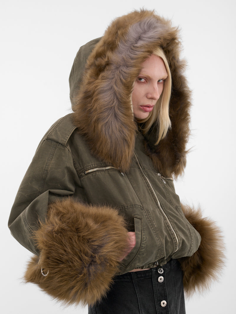Green Fur Hood Cropped Bomber (2J203A-C5235-BARK-GREEN)