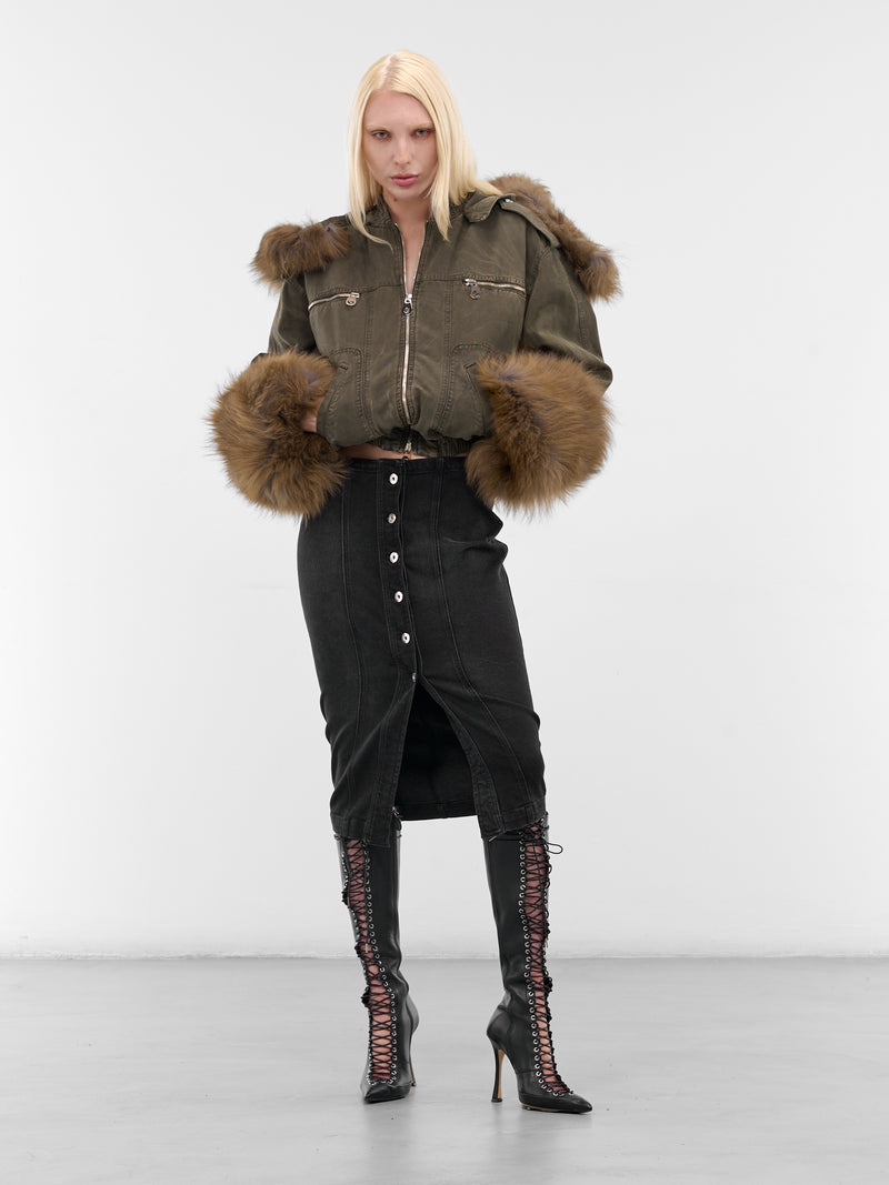 Green Fur Hood Cropped Bomber (2J203A-C5235-BARK-GREEN)