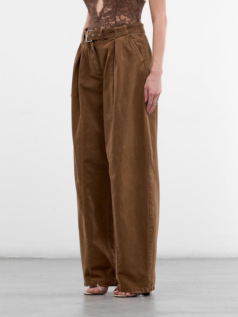 Brown Canvas Pleated Wide Trousers (2J226A-N0517-TOFFEE-BROWN)