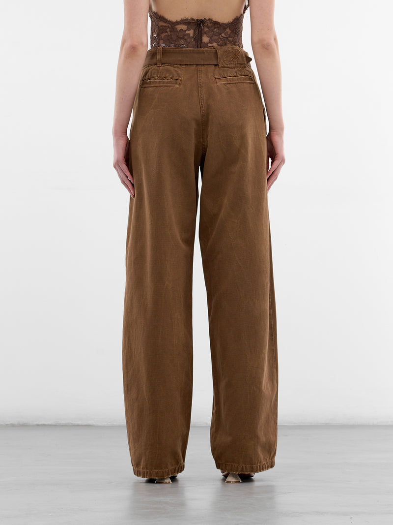 Brown Canvas Pleated Wide Trousers (2J226A-N0517-TOFFEE-BROWN)