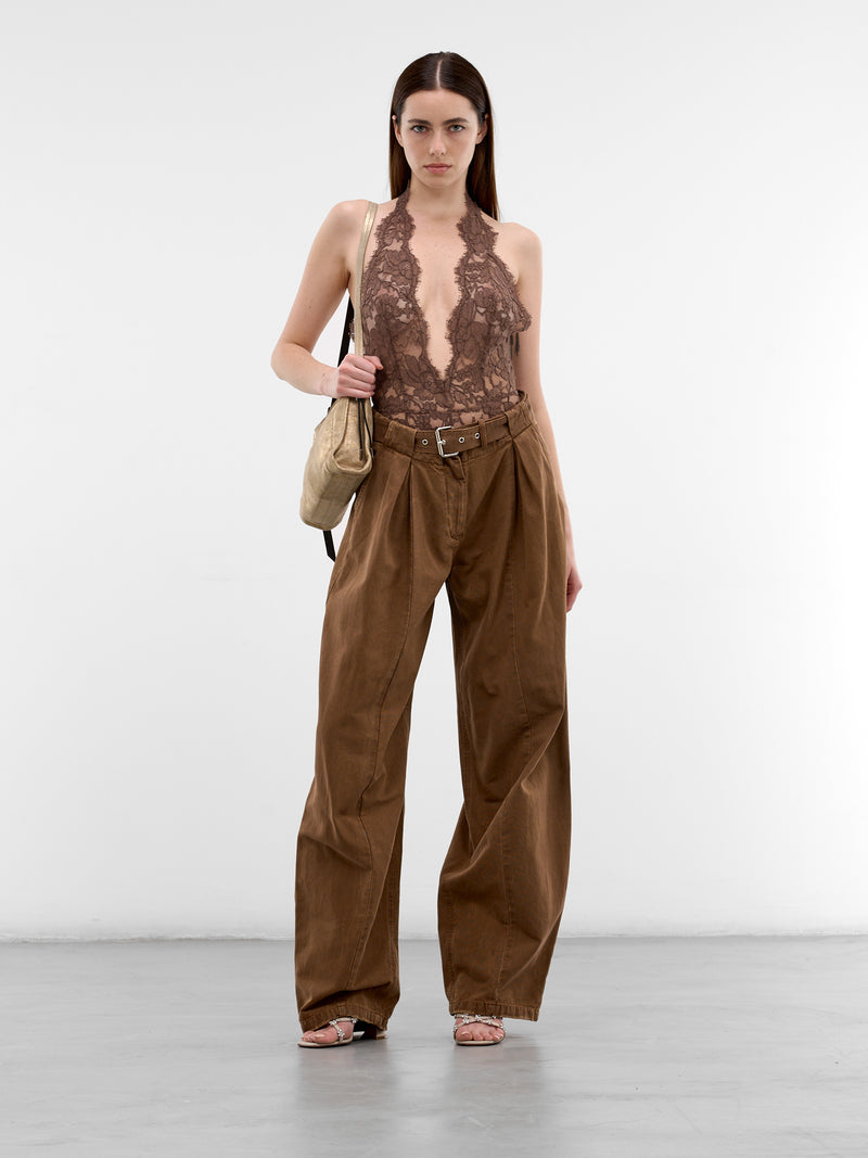 Brown Canvas Pleated Wide Trousers (2J226A-N0517-TOFFEE-BROWN)
