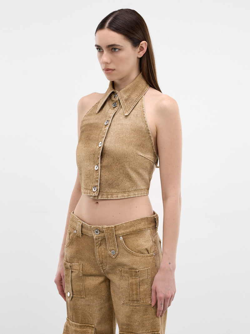 Beige Printed Denim Halter Top (2J230A-D8265-AMPHORA-BEIGE)