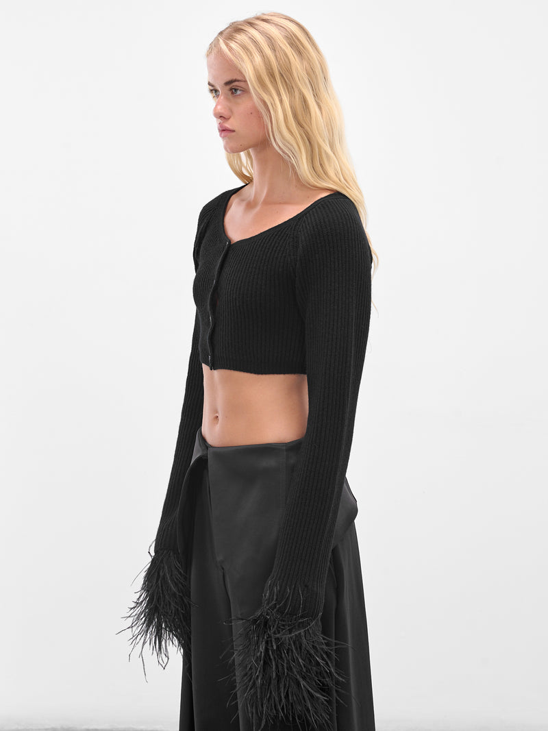 Black Cropped Feather Trim Cardigan (2M583A-N0990-BLACK)