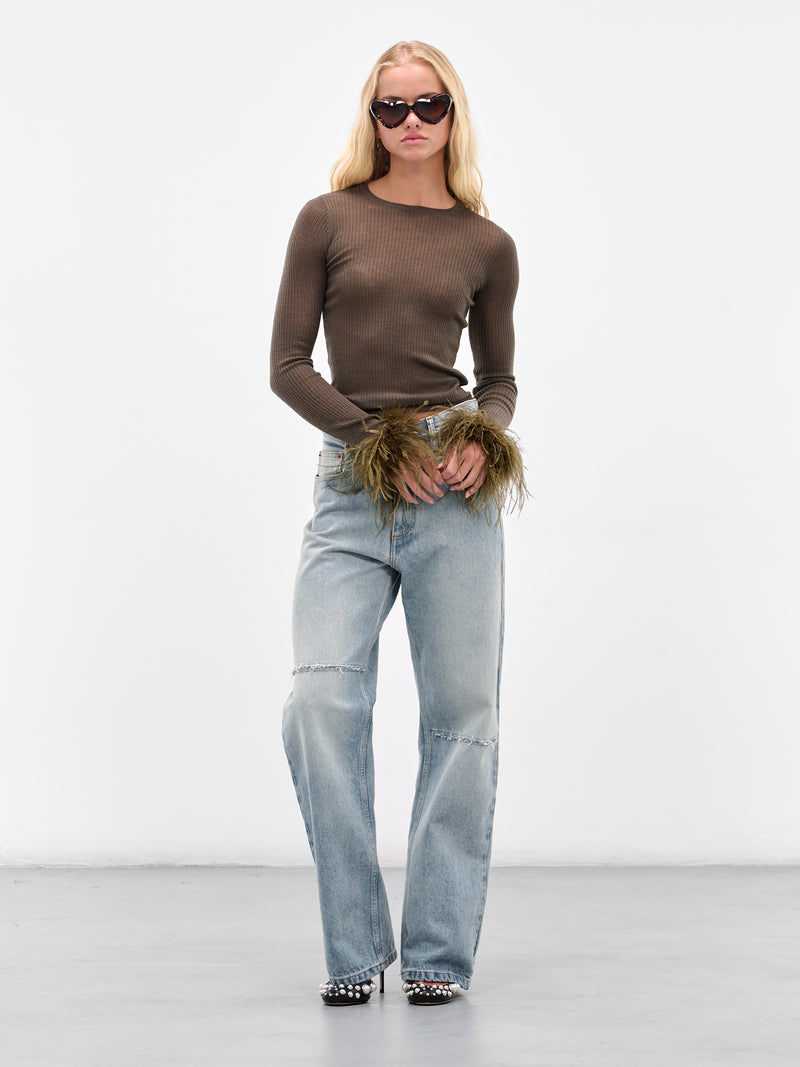 Feather Trim Long Sleeve Sweater (2M648A-N0523-BARK-GREEN)