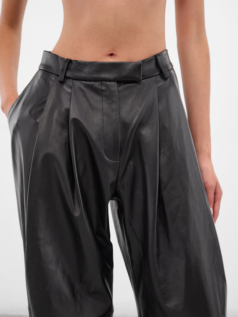 Black Leather Tailored Pleated Trousers (319-T09-BLACK)