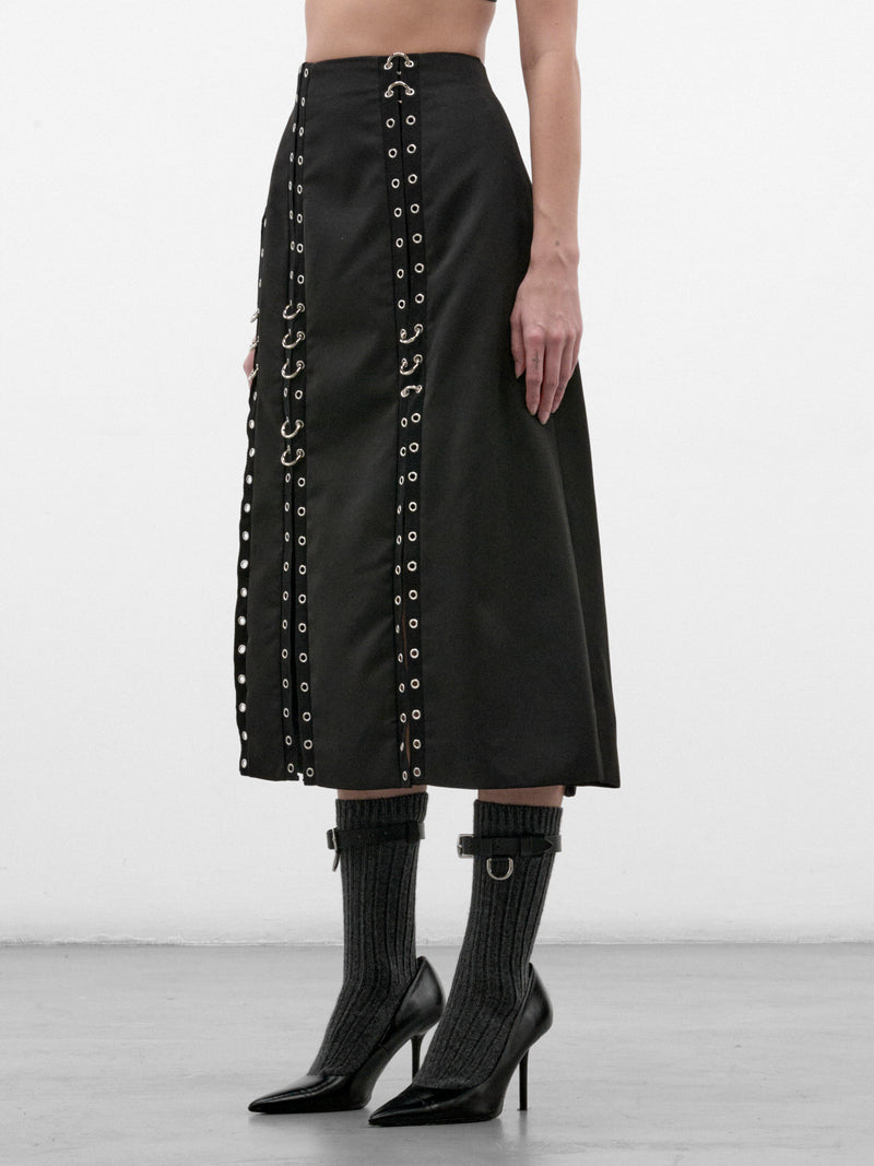 Black Twill Grommet Midi Skirt (3227-1334-BLACK)