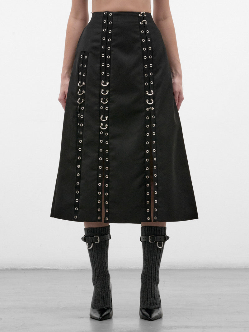 Black Twill Grommet Midi Skirt (3227-1334-BLACK)