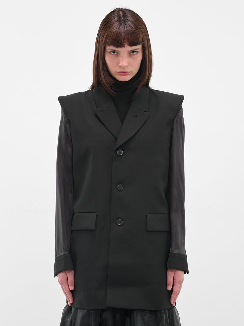 Black Wool Contrast Sleeves Blazer (3P-J007-051-1-BLACK)