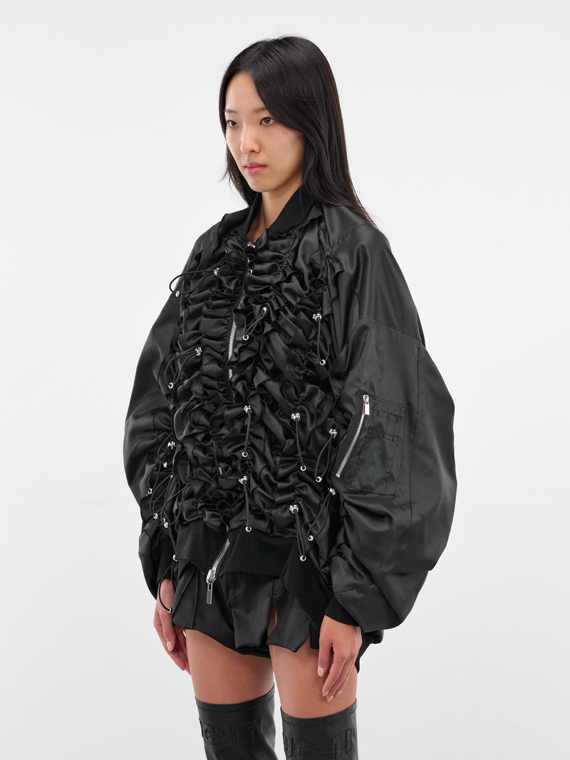 Black Ruched Nylon Bomber Jacket (3P-J014-BLACK)