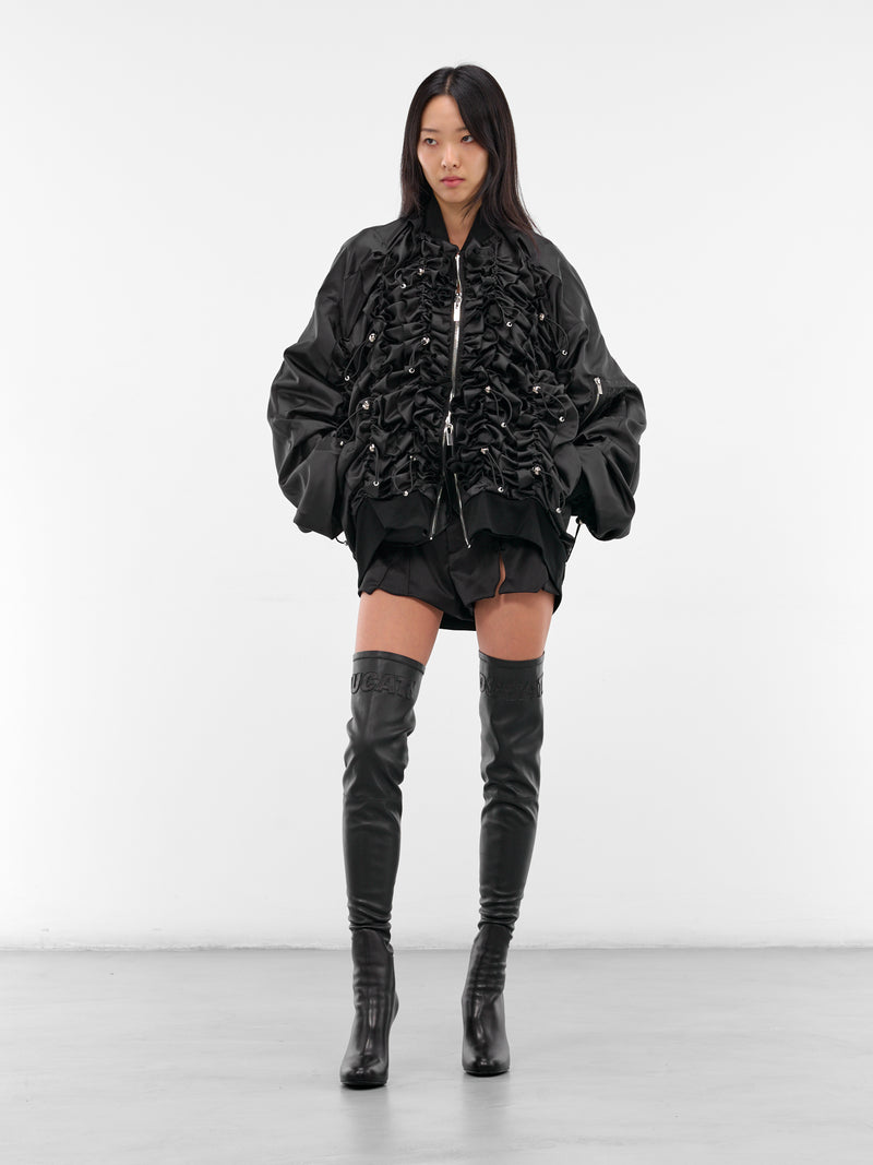 Black Ruched Nylon Bomber Jacket (3P-J014-BLACK)