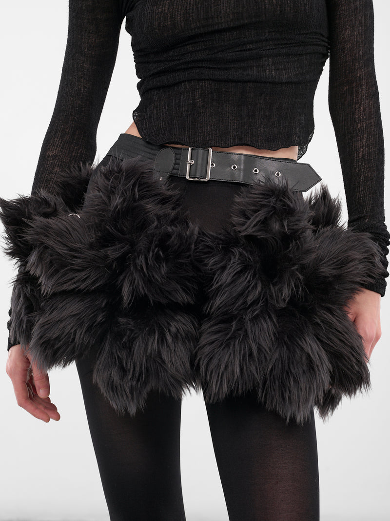 Black Fur Belted Mini Skirt (3P-S011-051-1-BLACK)