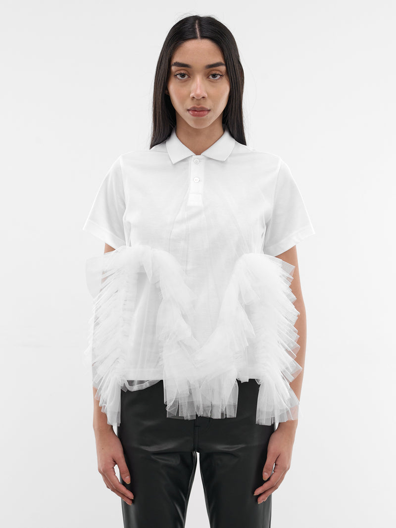 White Tulle Ruffle Polo Shirt (3Q-T003-S26-WHITE)
